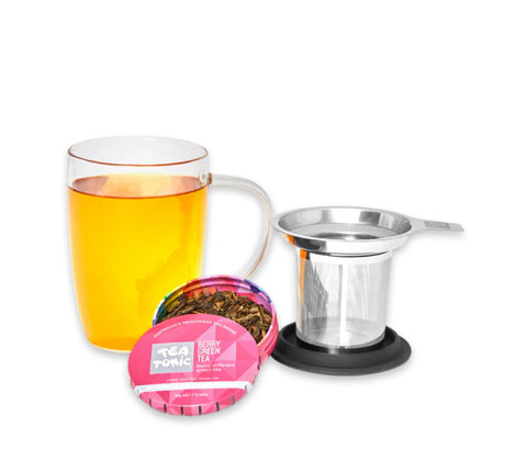 Tea Tonic - Glass Tea Mug with Infuser & Berry Green Tea Travel Tin 10g Pack